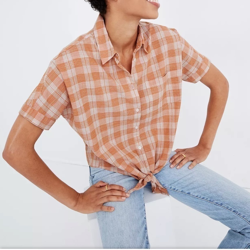 Madewell | NWT Short-Sleeve Tie-Front Colwell Plaid Button Down Cotton Top XS